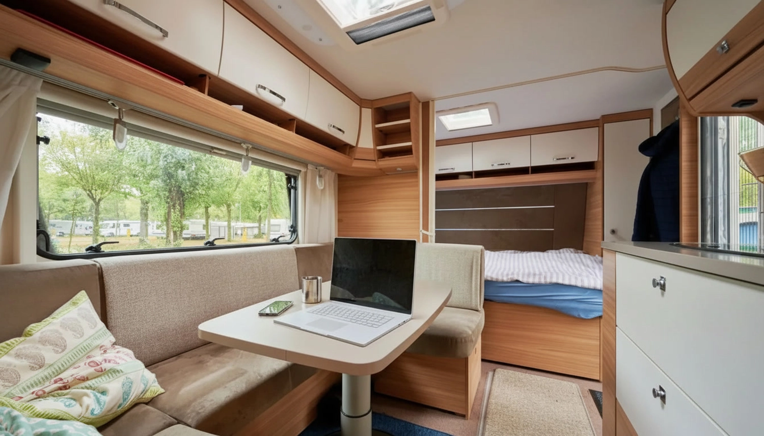 Mobiler Gasservice und Serviceleistung - serviceleistungen rund um Wohnmobil und Wohnwagen - Innenraum eines Wohnmobils mit einem Esstisch mit Laptop, Smartphone und Metallbecher, einer beige gepolsterten Sitzecke und einem Bett mit weiß-blauer Bettwäsche im Hintergrund