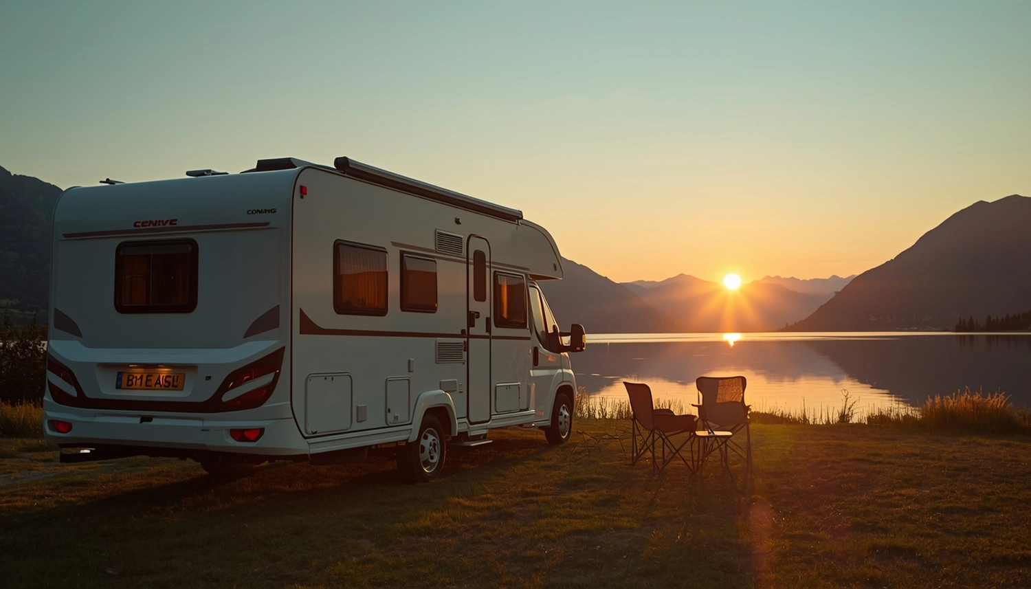 Mobile Gas Service und Serviceleistungen - serviceleistungen rund um Wohnmobil und Wohnwagen – Weißes Wohnmobil, das in der Nähe eines Seeufers geparkt ist, mit zwei Klappstühlen und Blick auf den Sonnenuntergang über den Bergen