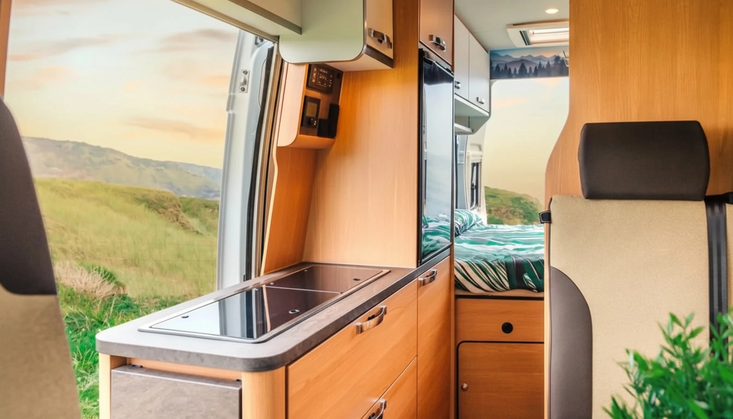 Mobiler Gasservice und Serviceleistung - serviceleistungen rund um Wohnmobil und Wohnwagen – Innenansicht eines Wohnmobils mit Holzschränken, Einbauherd, Kühlschrank und einem Bett mit grün gemusterter Bettwäsche