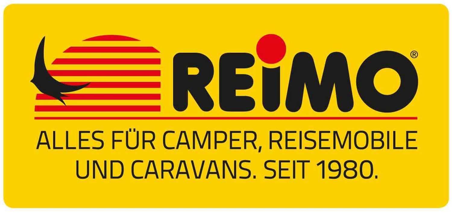 Mobiler Gasservice und Serviceleistung – serviceleistungen rund um Wohnmobil und Wohnwagen – REIMO-Logo mit stilisierter roter Sonne, schwarzer Vogelsilhouette und Text in deutscher Sprache über Wohnmobile, Wohnmobile und Wohnwagen seit 1980